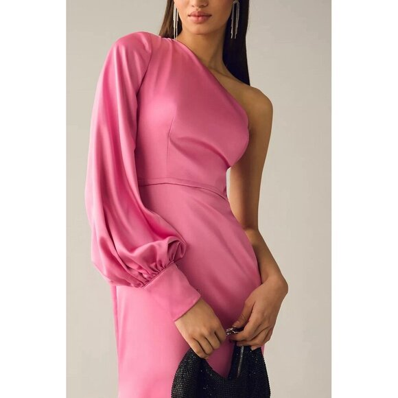 New MAC DUGGAL Size 4 Pink 26712 ONE SHOULDER BISHOP SLEEVE SATIN Formal GOWN - Picture 3 of 11
